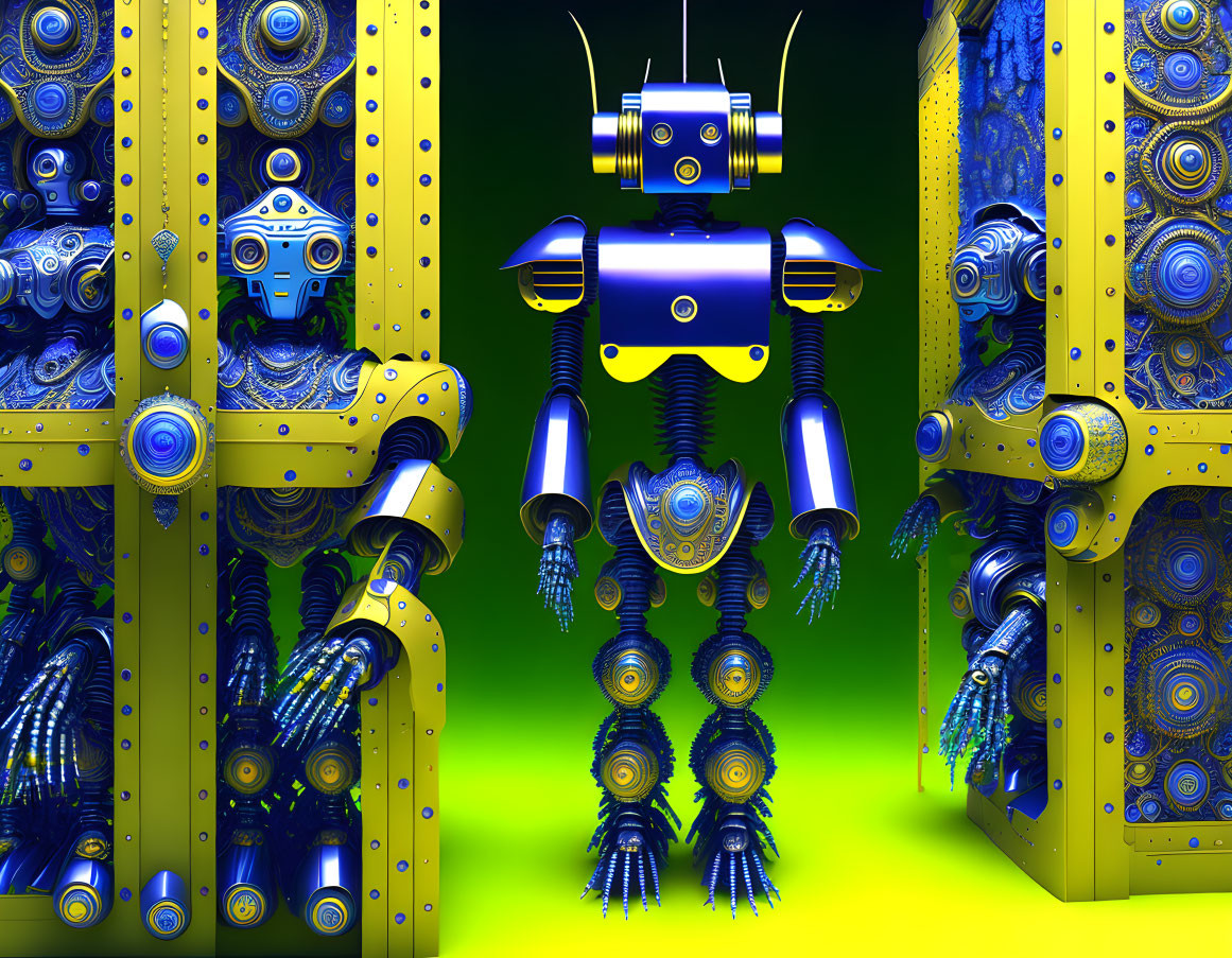 Colorful 3D illustration of two intricate robots in yellow structure