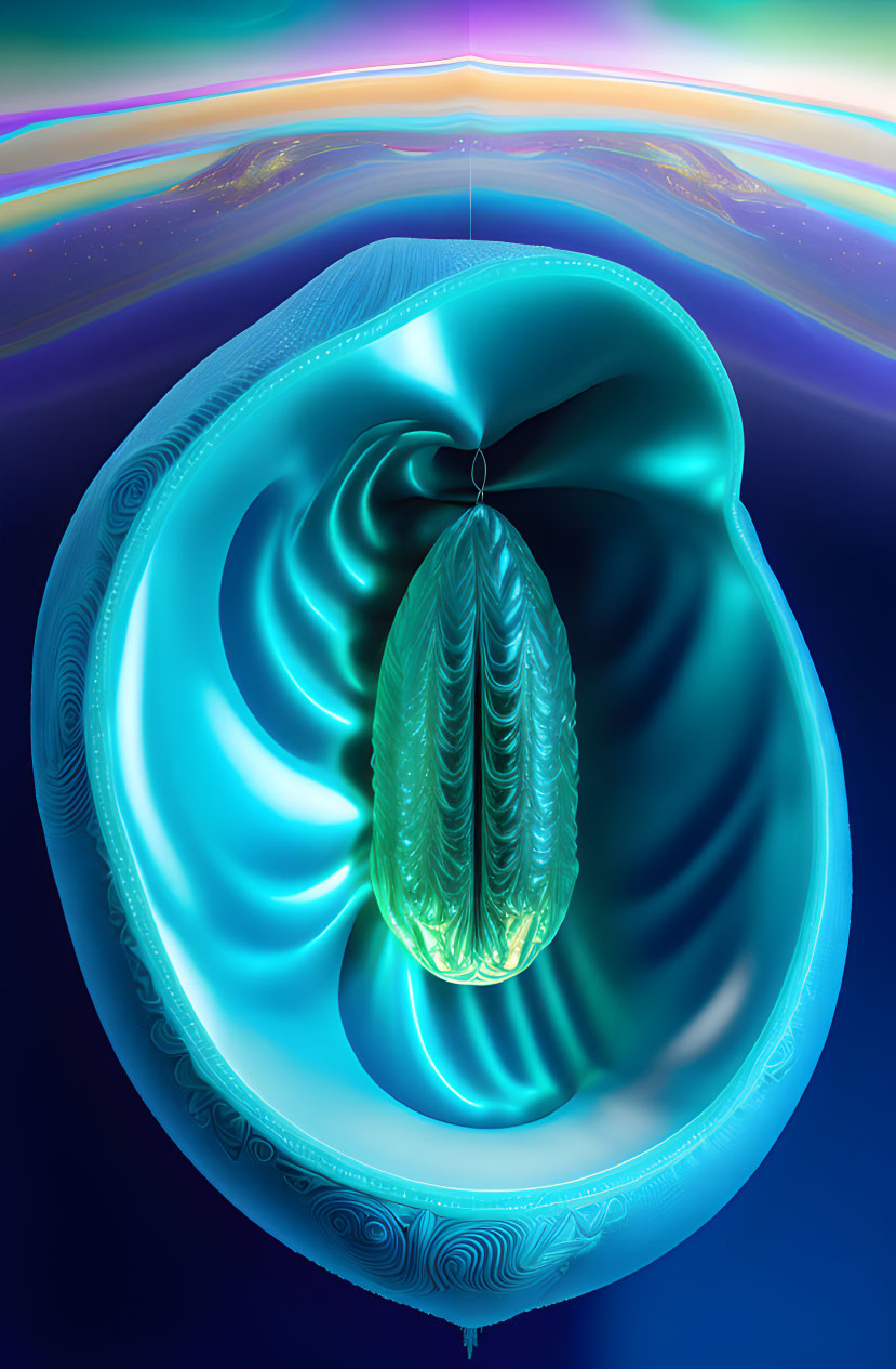 Colorful abstract digital artwork: Teal sculptural form with intricate patterns in a shell-like structure on