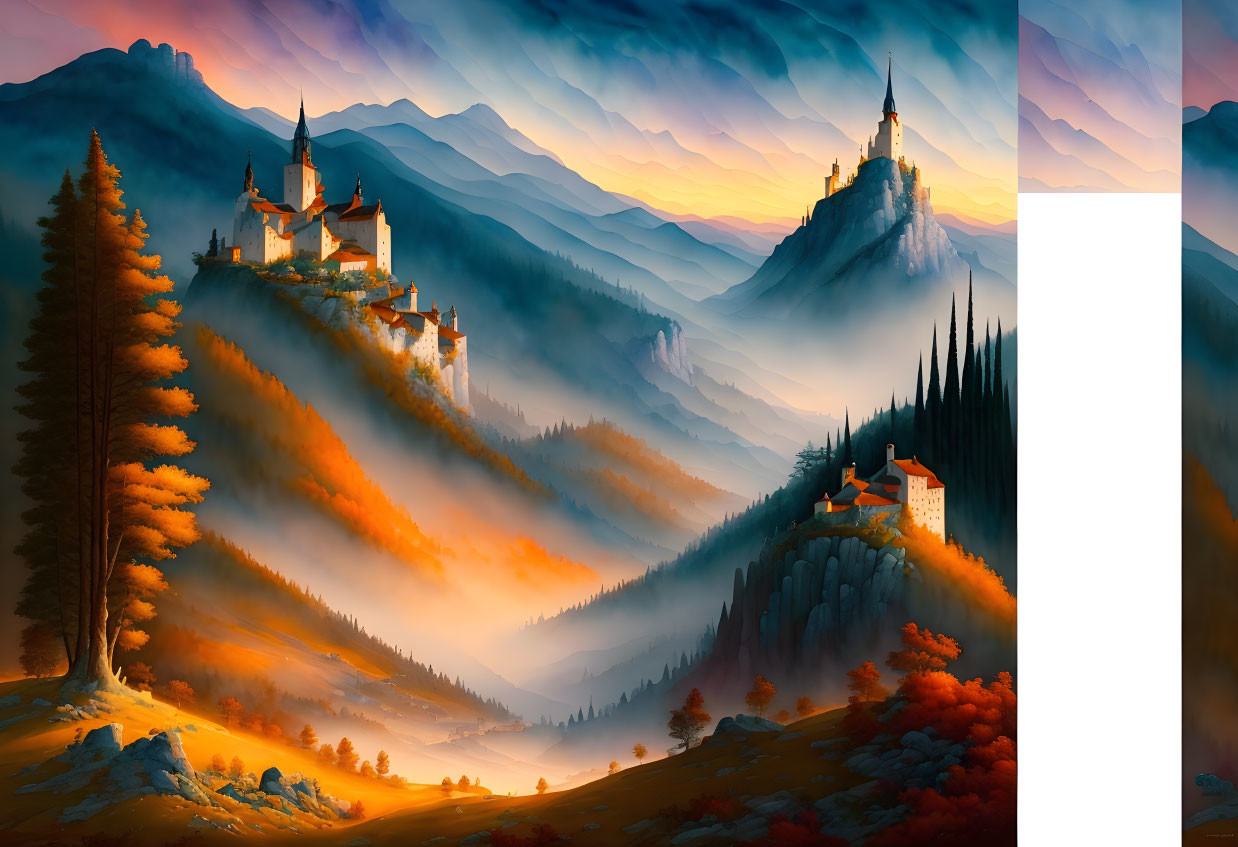 Fantasy landscape at sunset: two castles, misty forests, and orange light