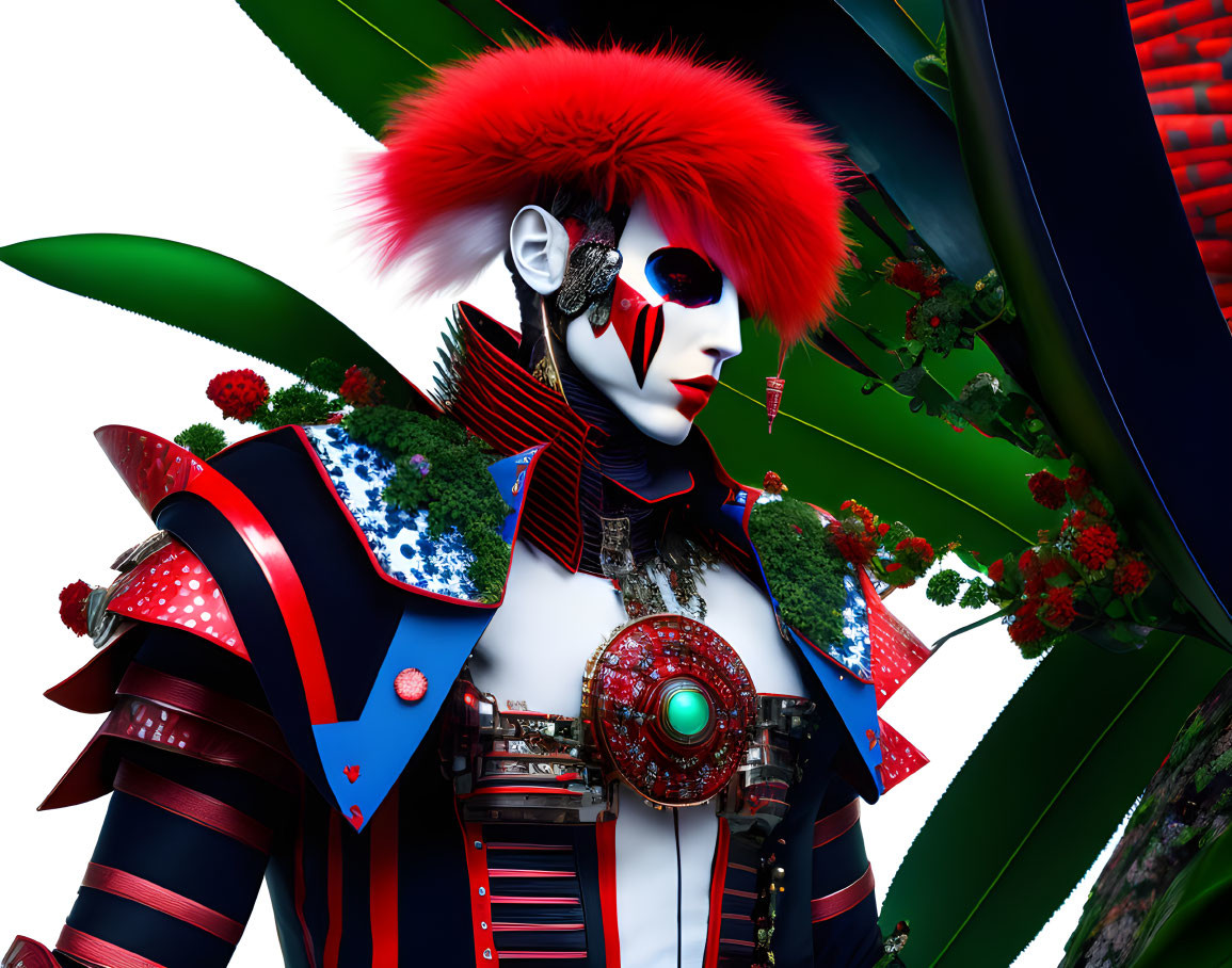 Digitally-rendered character with red hair in futuristic makeup and elaborate costume against abstract background