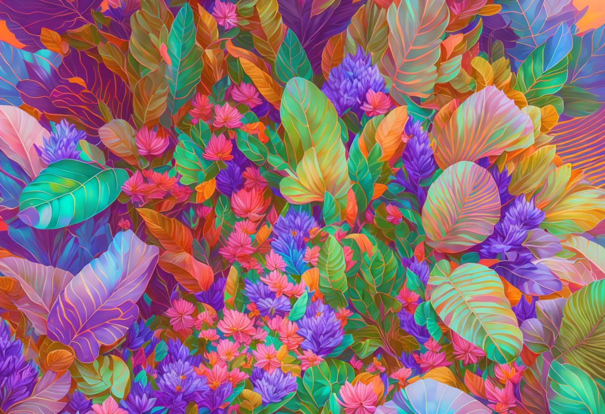 Colorful Tropical Foliage Illustration with Purple, Pink, Blue, Orange, and Green Leaves