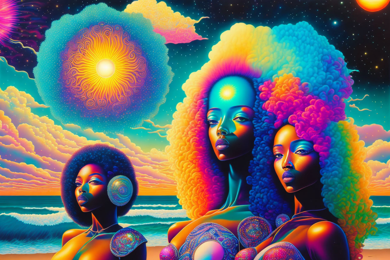 Colorful Psychedelic Artwork: Three Women with Afros on Cosmic Beach