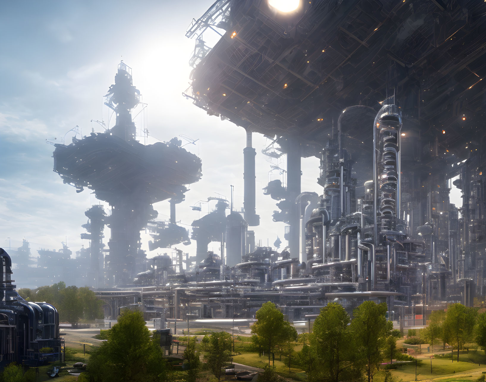 Futuristic industrial landscape with towering structures and hovering platform