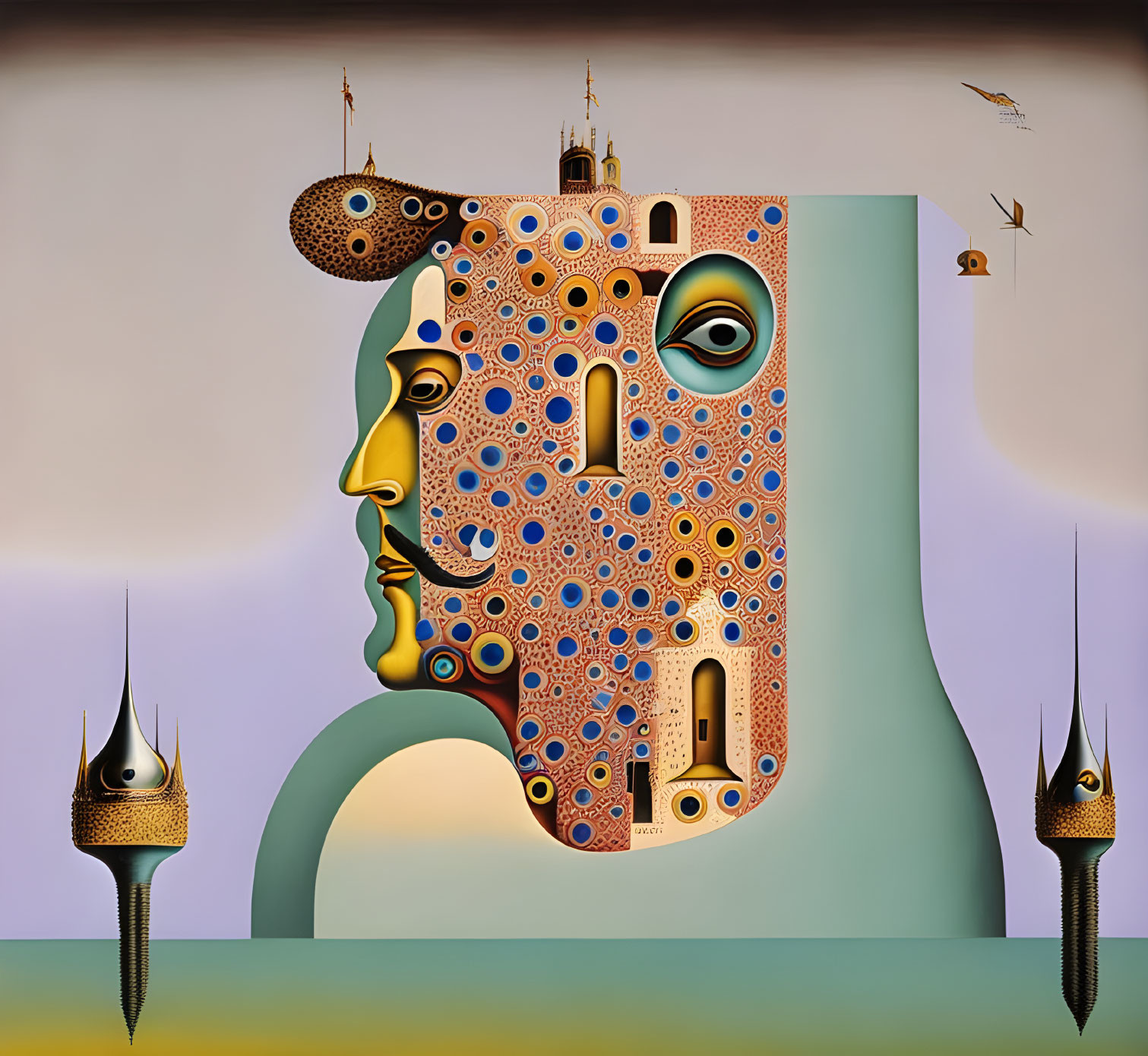 Surrealist artwork: building-like face, circular patterns, single eye, architectural elements, pastel