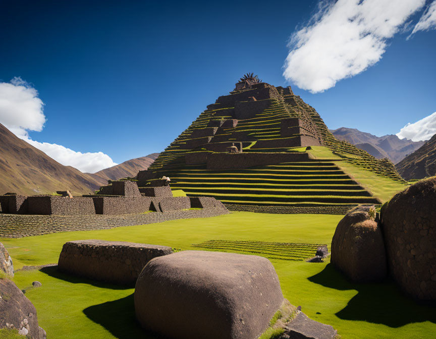 Grass-covered terraced pyramid under blue sky in mountainous landscape