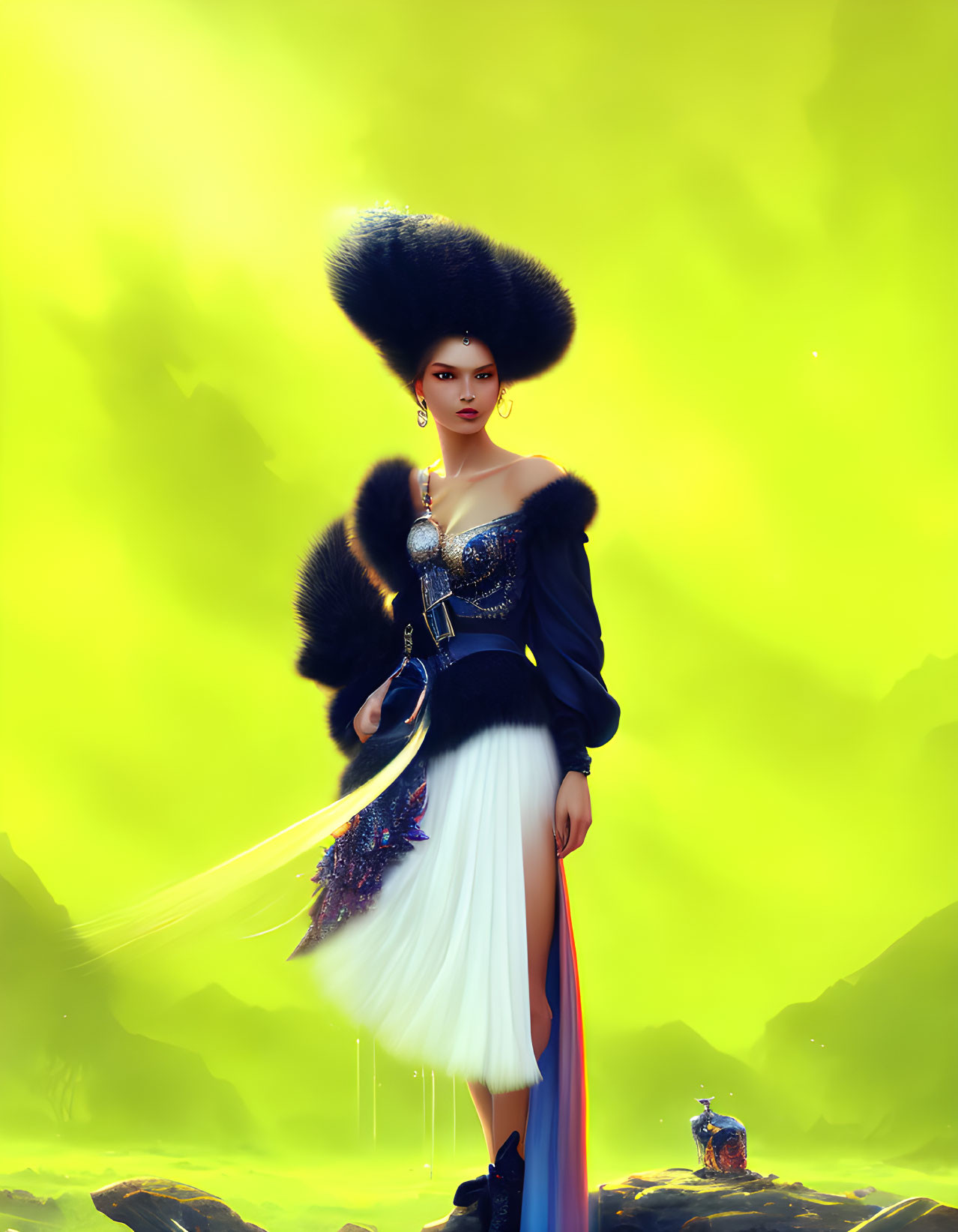 Digital artwork: Woman in black headdress, fur top, white skirt, blue sash on yellow