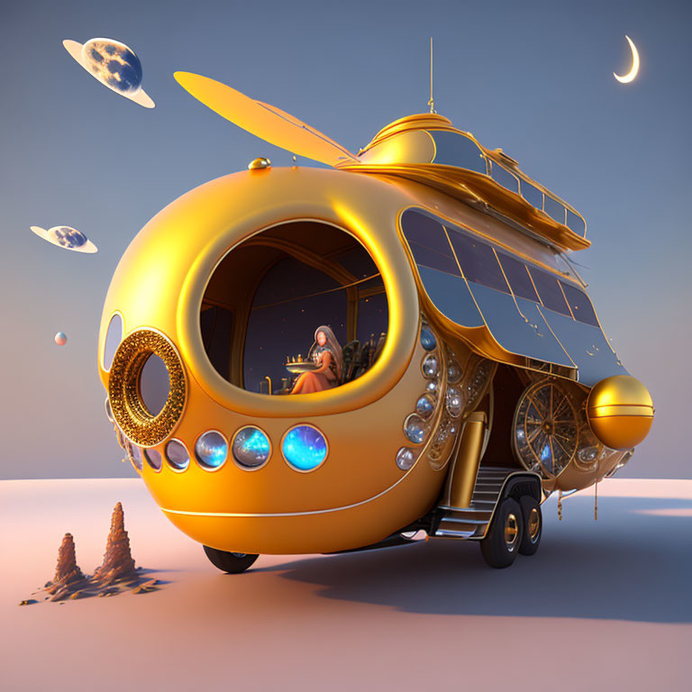 Golden submarine-shaped vehicle with wheels on sandy surface under sky with planets, moon, person inside