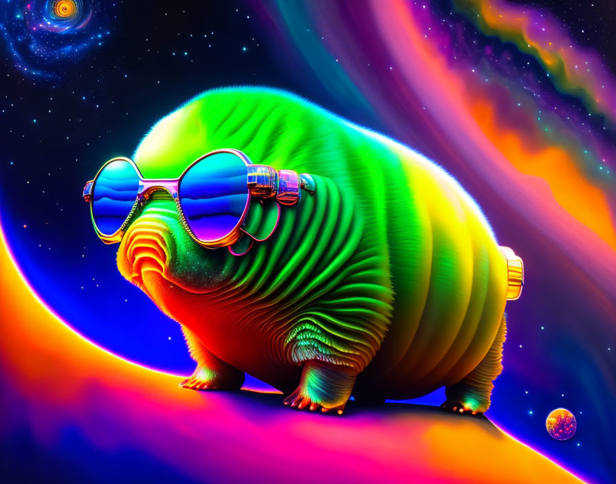 Colorful chubby creature with glasses in cosmic setting