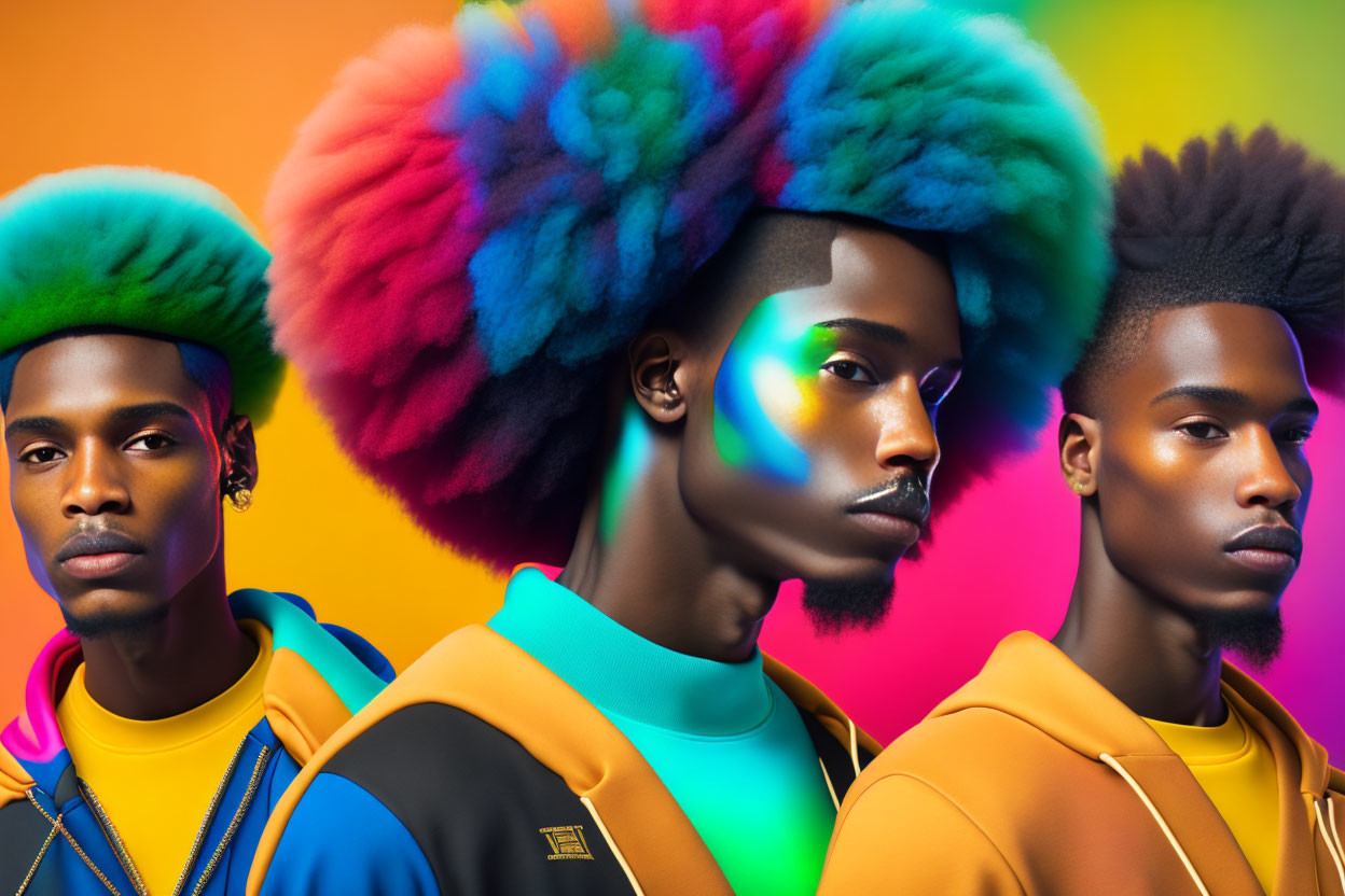 Vibrant multicolored afro hairstyles on three individuals against gradient background