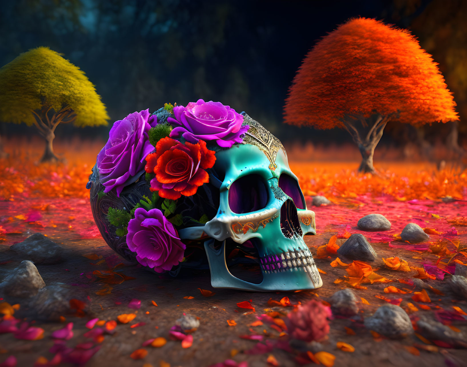 Colorful Flower Skull in Mystical Autumn Forest