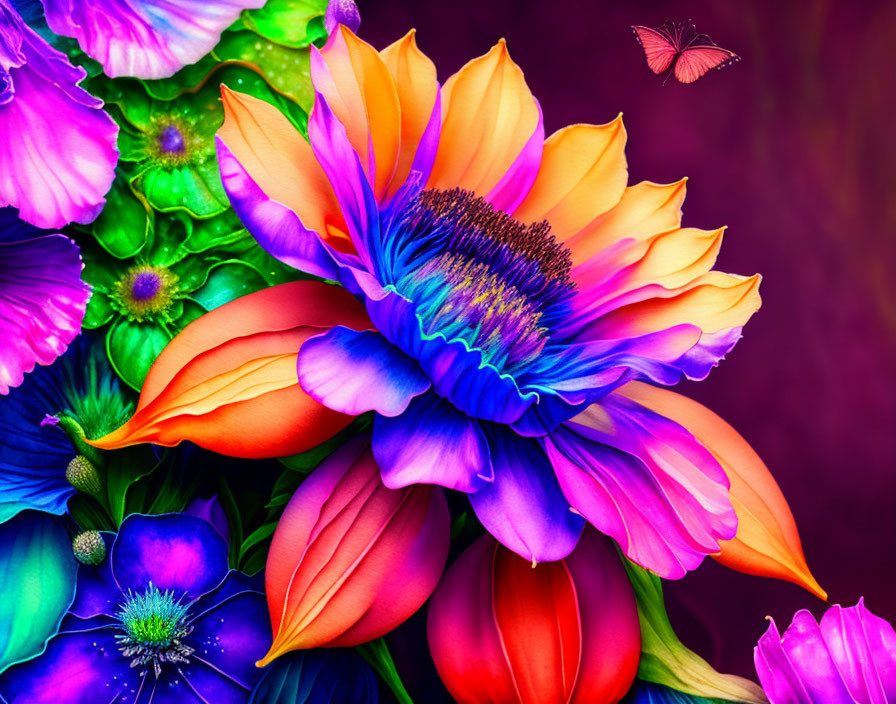 Colorful Flower Arrangement with Butterfly on Purple and Red Background