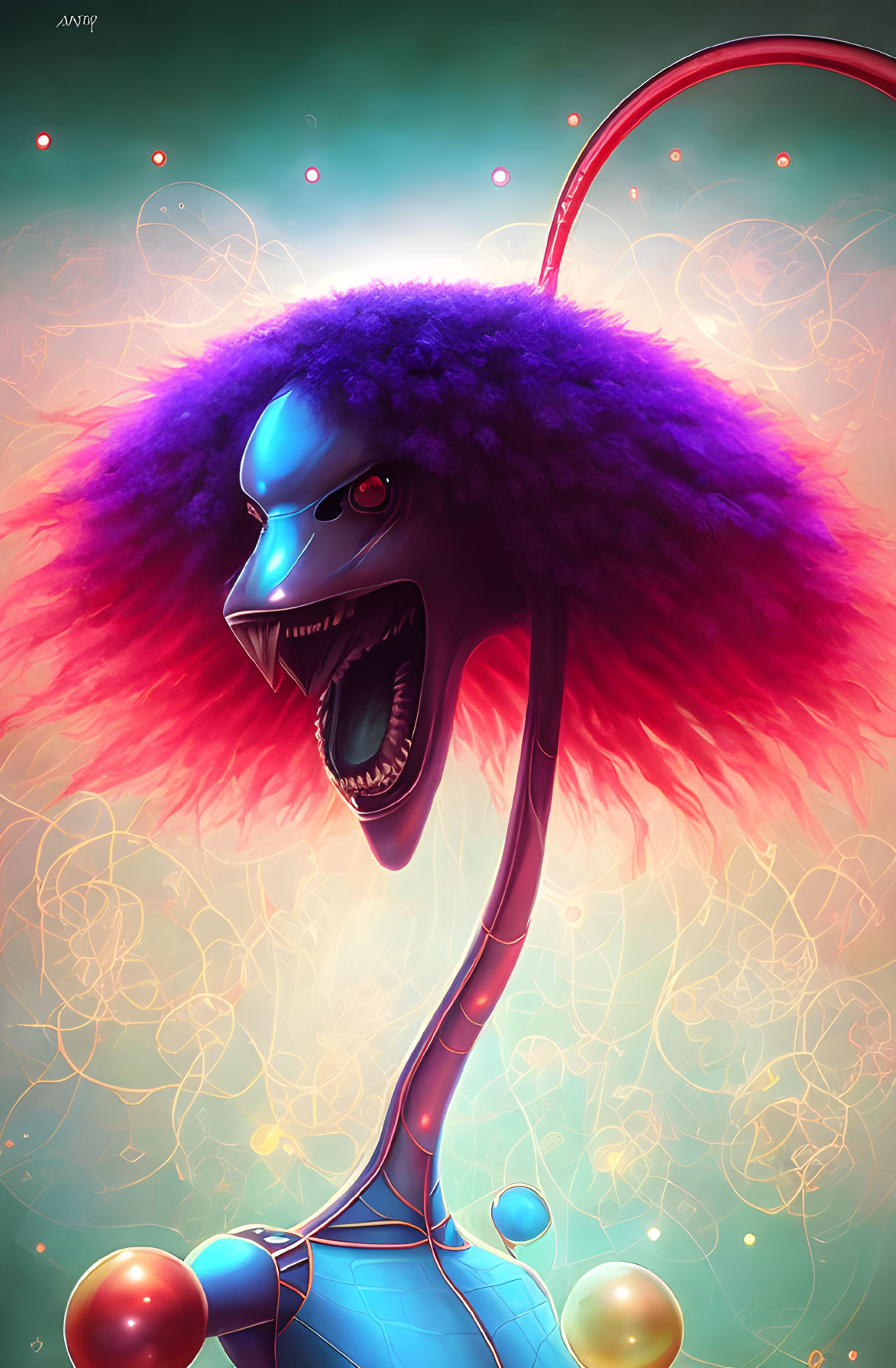 Colorful creature with blue face and fangs in starry setting