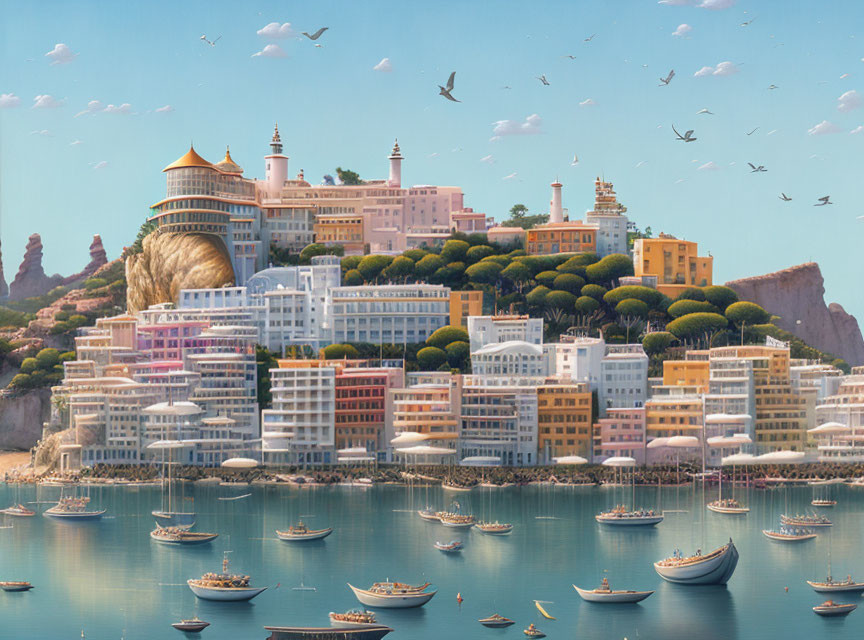 Coastal cityscape with terracotta-roofed buildings, boats, lush greenery,