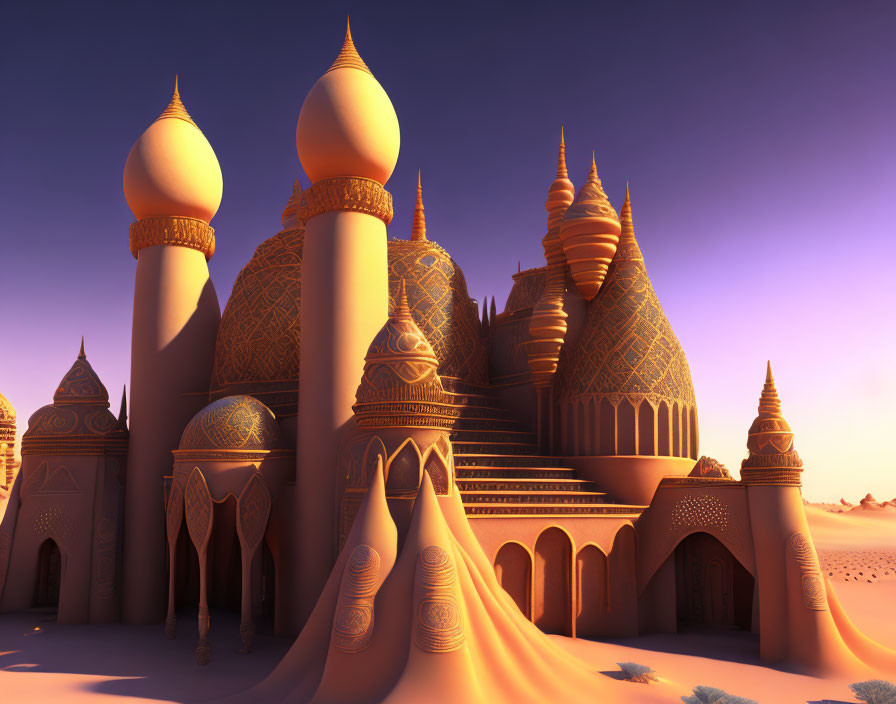 Fantasy palace with golden domes in desert dusk