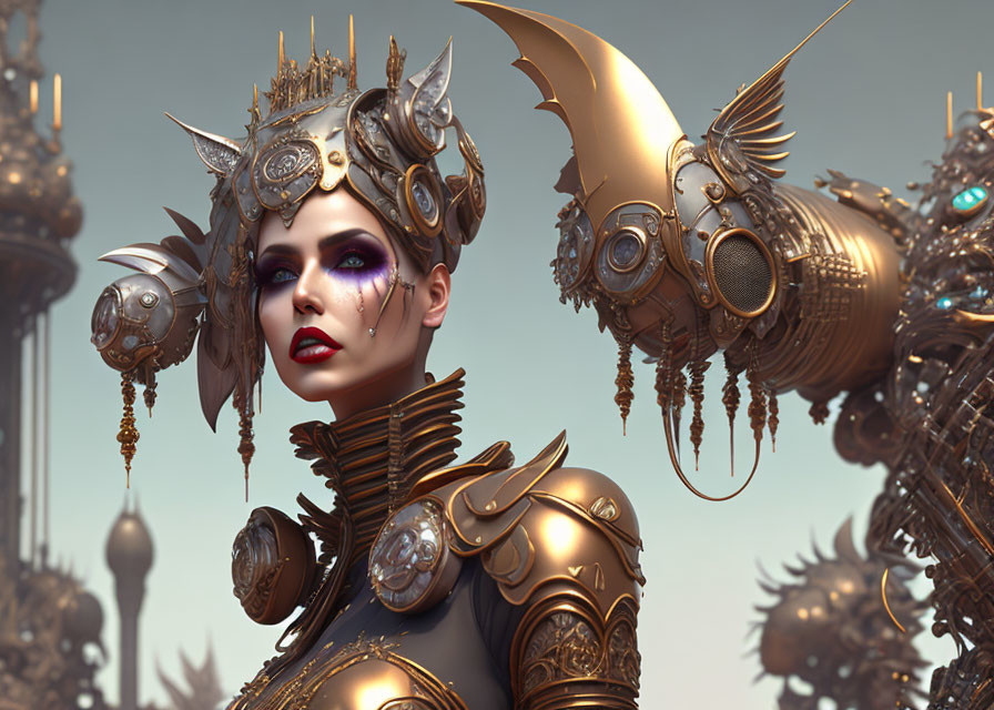 Steampunk-inspired female figure in digital art with elaborate armor and mechanical background.