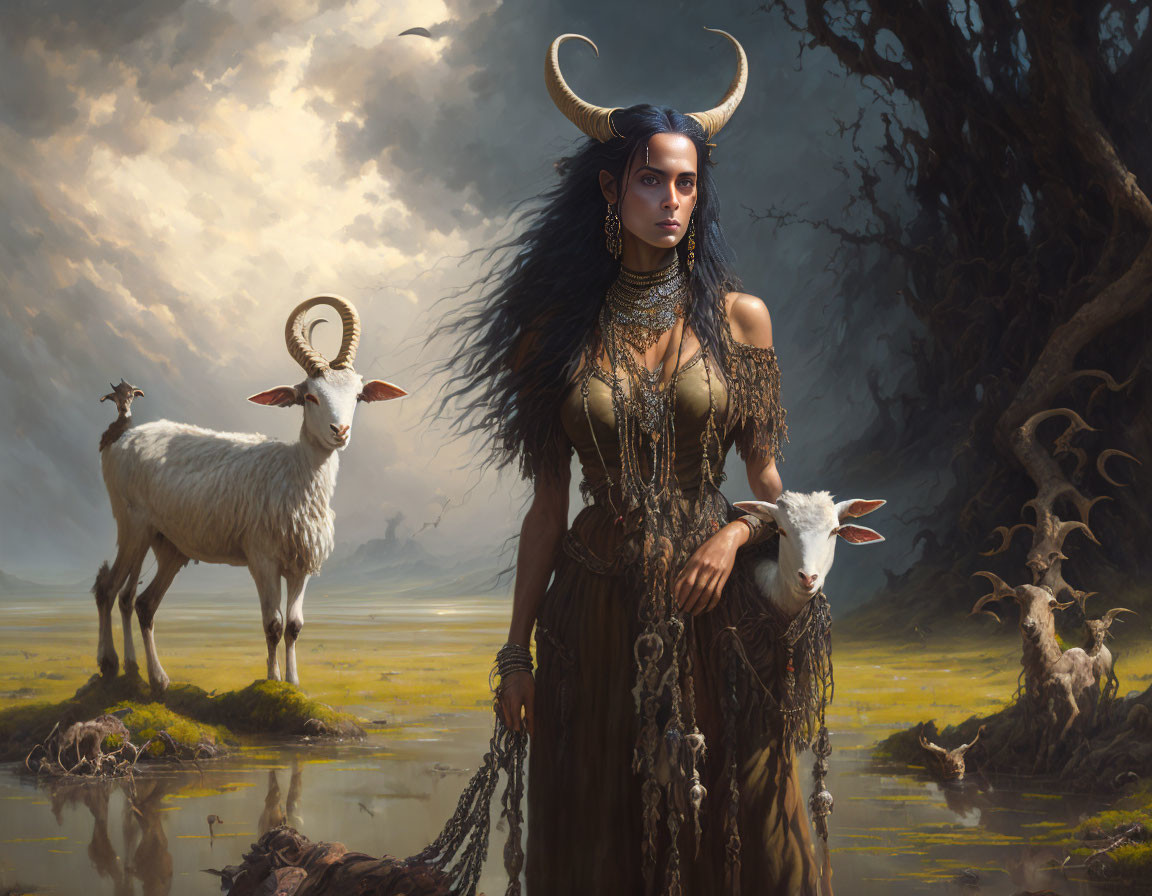 Mystical woman with large horns in foggy landscape with horned goats