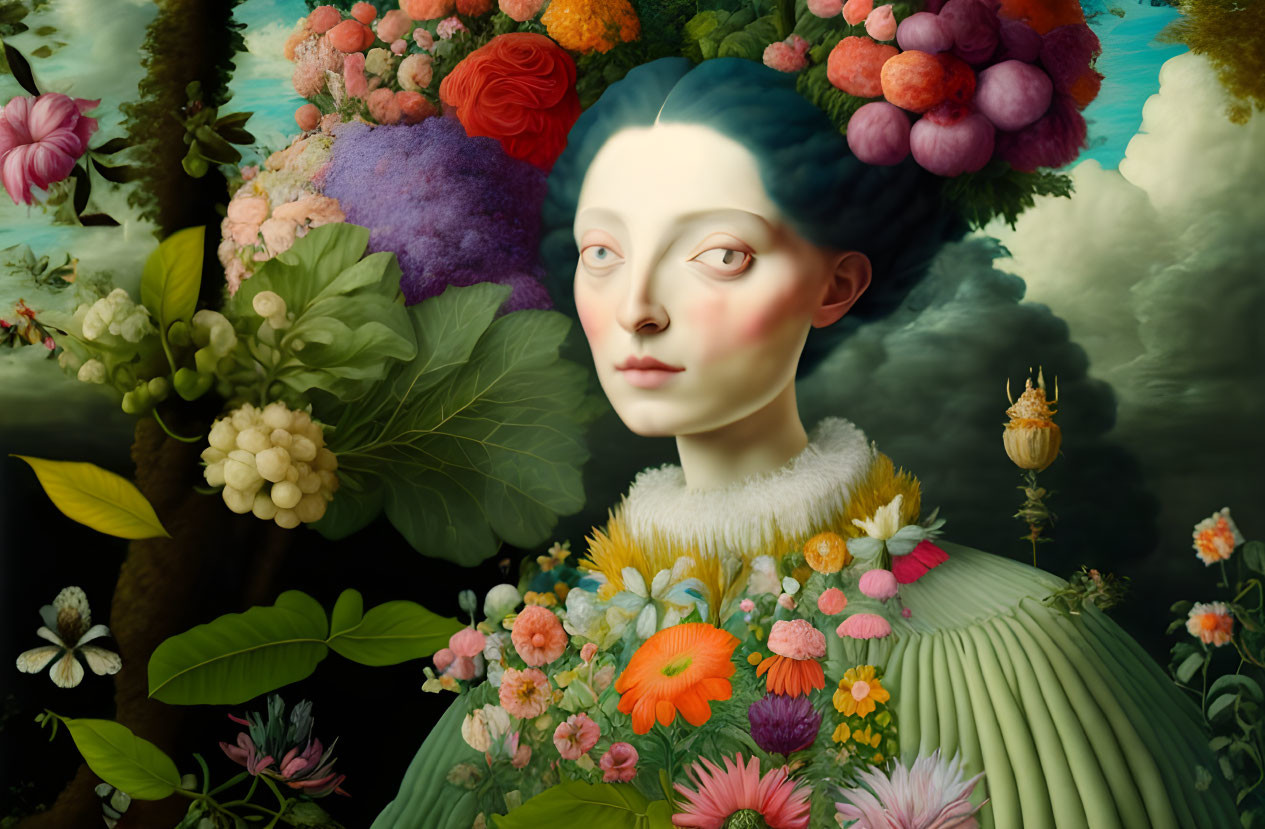 Surreal portrait of woman in floral attire against dreamy backdrop