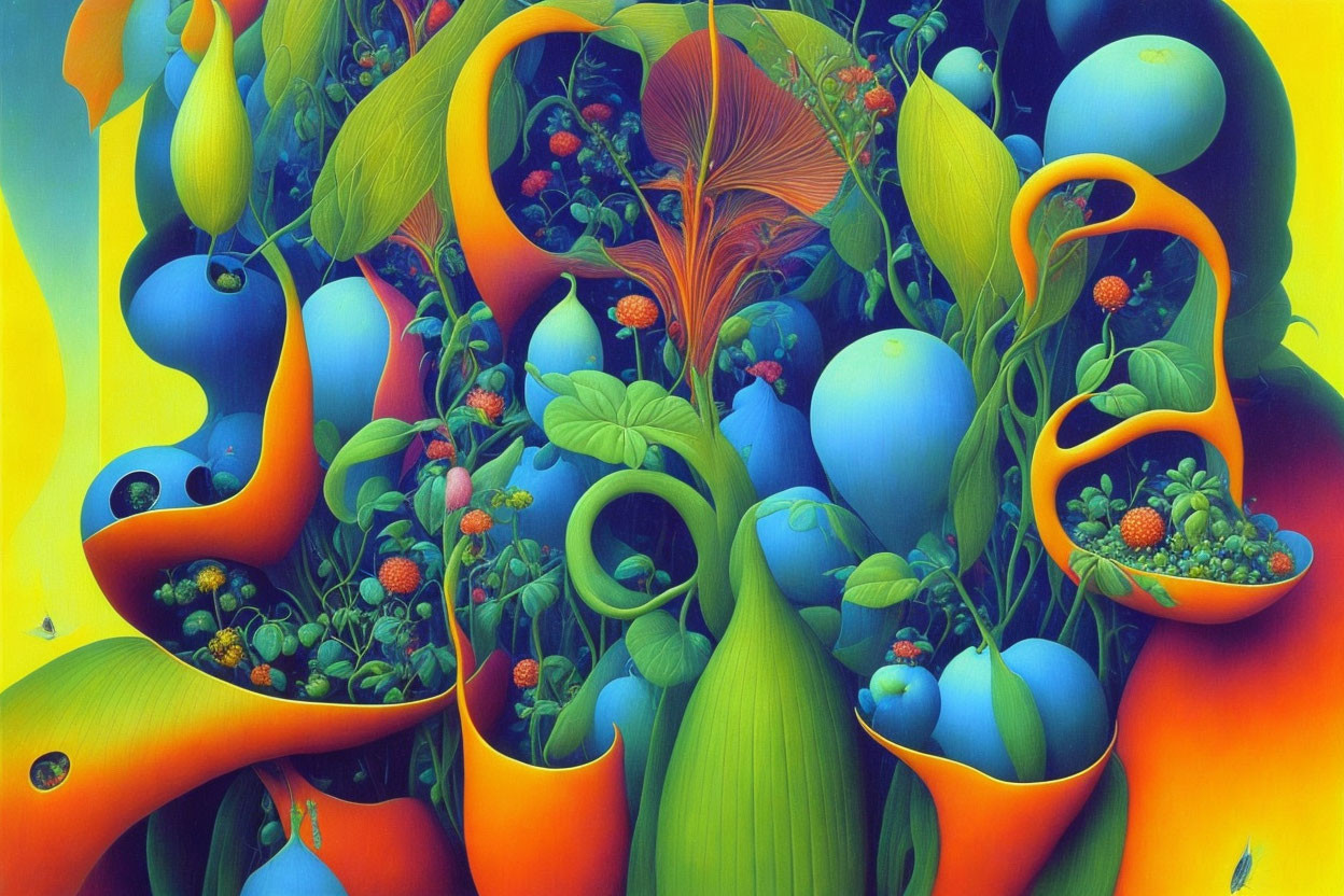 Colorful Surreal Artwork: Blue Fruits, Orange Structures, Green Foliage on O