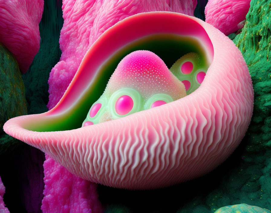 Colorful Abstract 3D Rendering of Organic Structure Resembling Open Clam