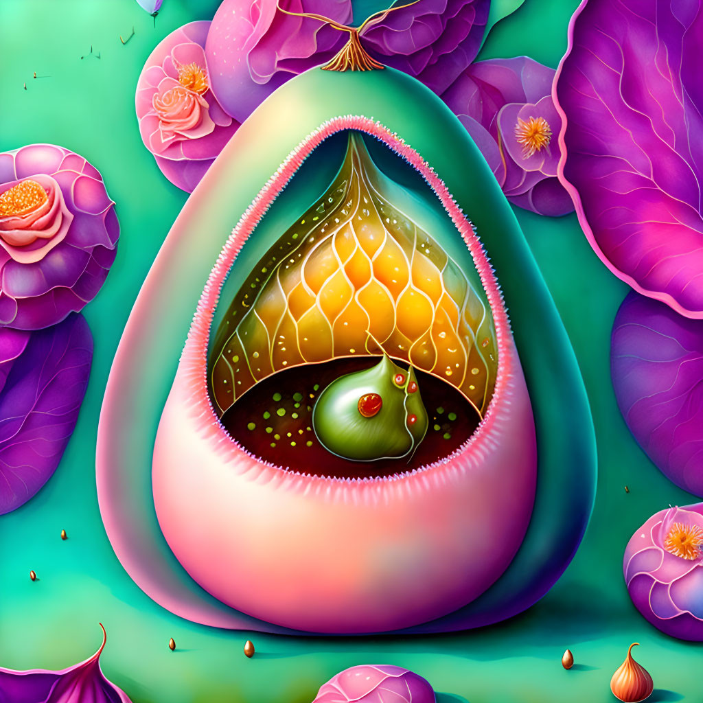 Colorful digital artwork: Avocado with glowing core and red heart, surrounded by purple flowers