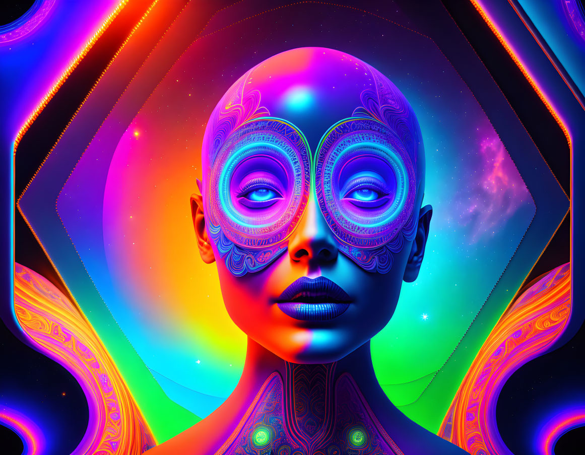 Colorful digital artwork: humanoid figure with intricate patterns on face in cosmic backdrop.