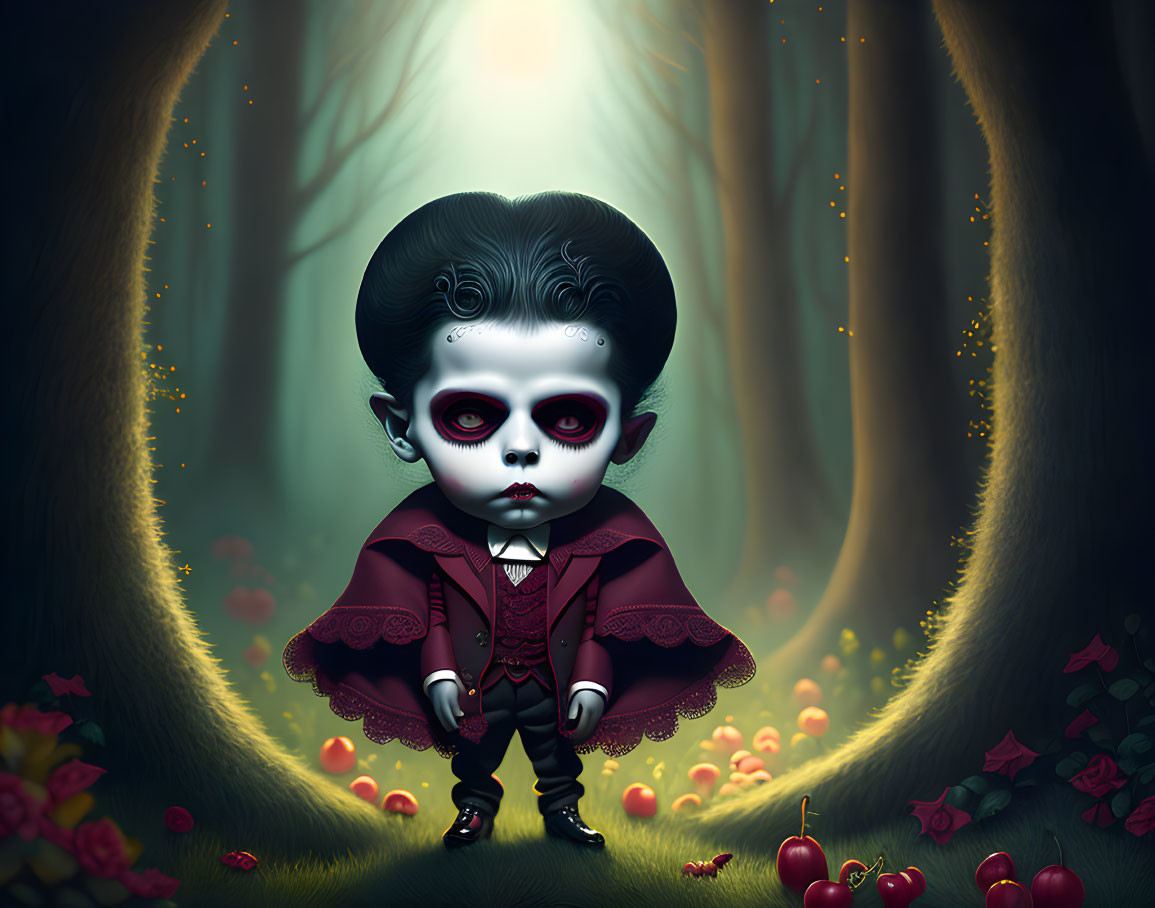 Pale-skinned vampire child in dark mystical forest with red flowers & orbs