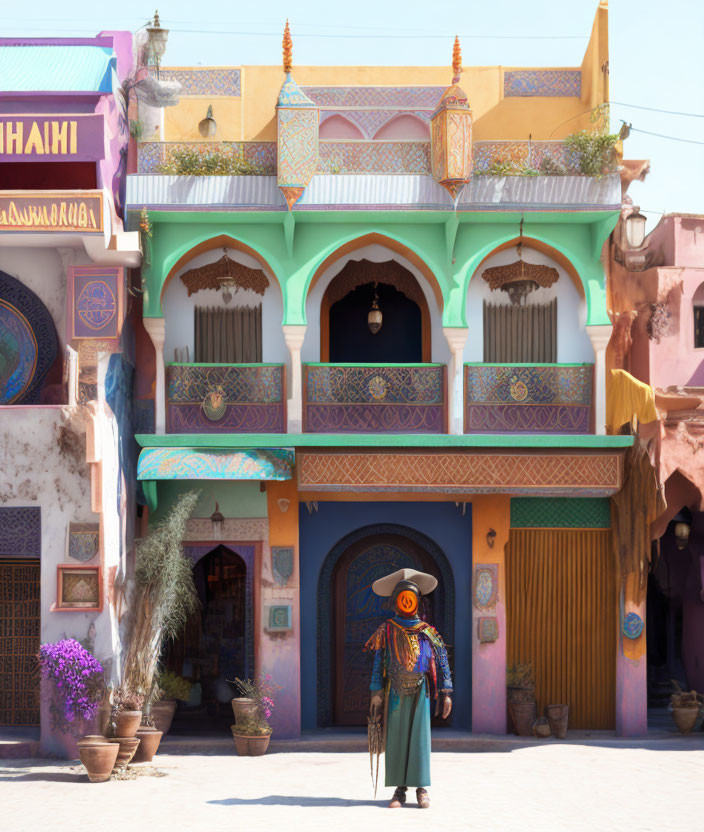 Vibrant building with ornate details and potted plants