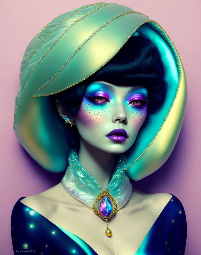 Colorful Female Portrait with Green Hat, Blue Skin, and Purple Makeup