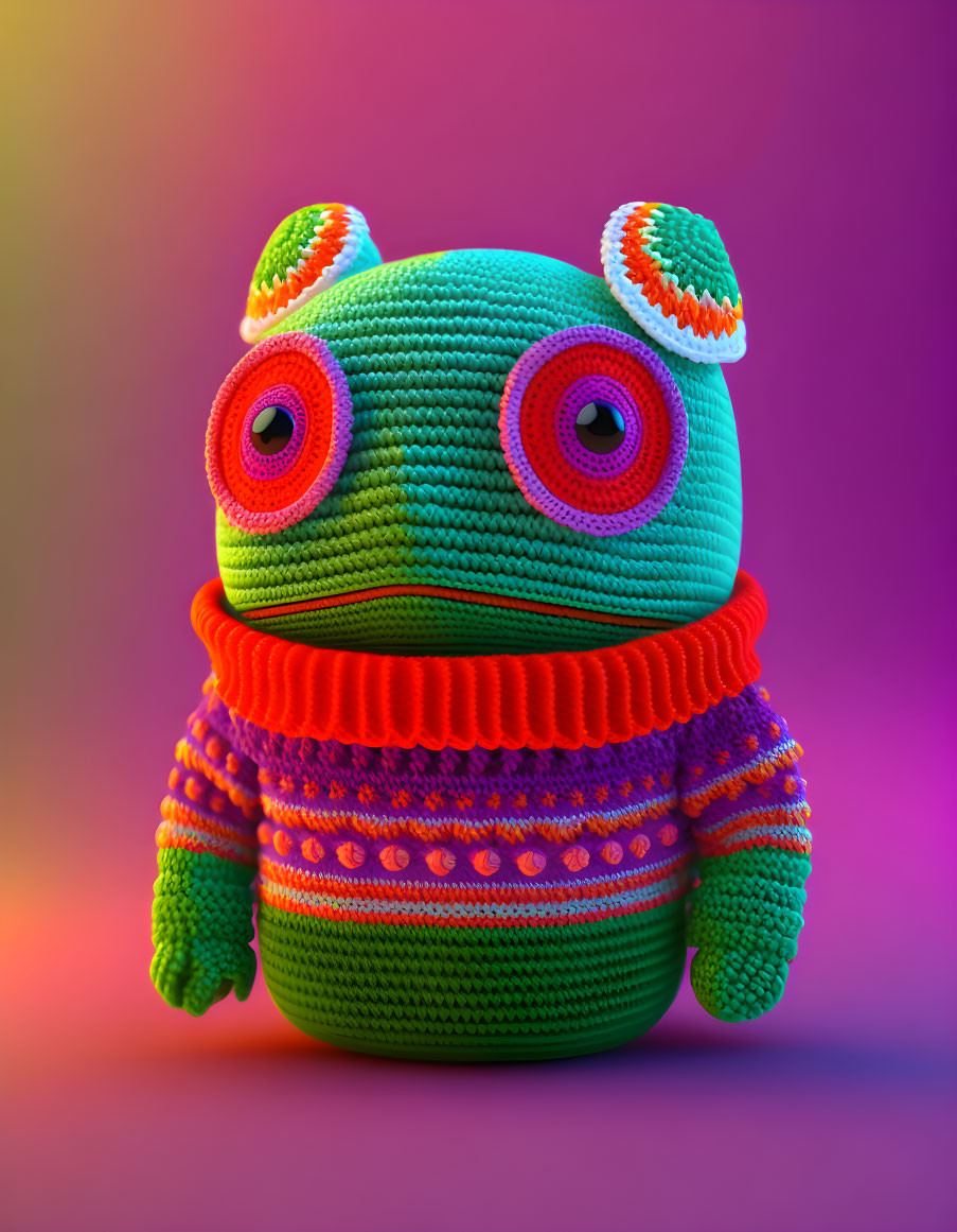 Colorful knitted toy creature on pink and purple background