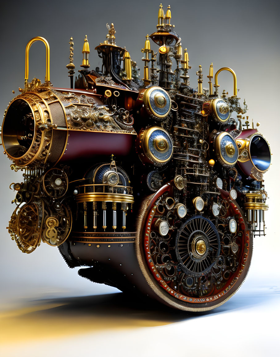 Steampunk machine with gears, pipes, and Victorian details on gradient background