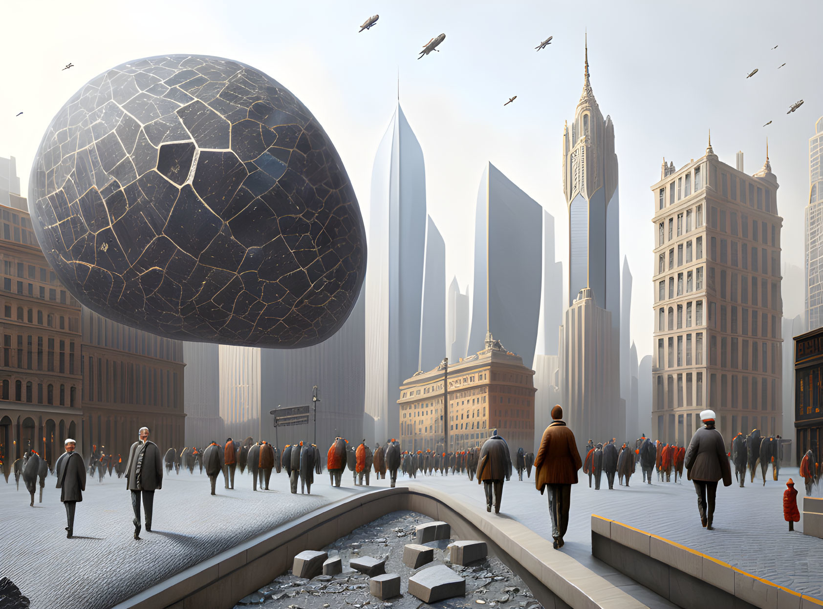 Futuristic cityscape with cracked egg-like structure & flying vehicles