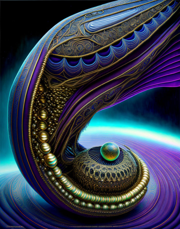 Colorful fractal digital artwork with blue and purple swirls and golden accents