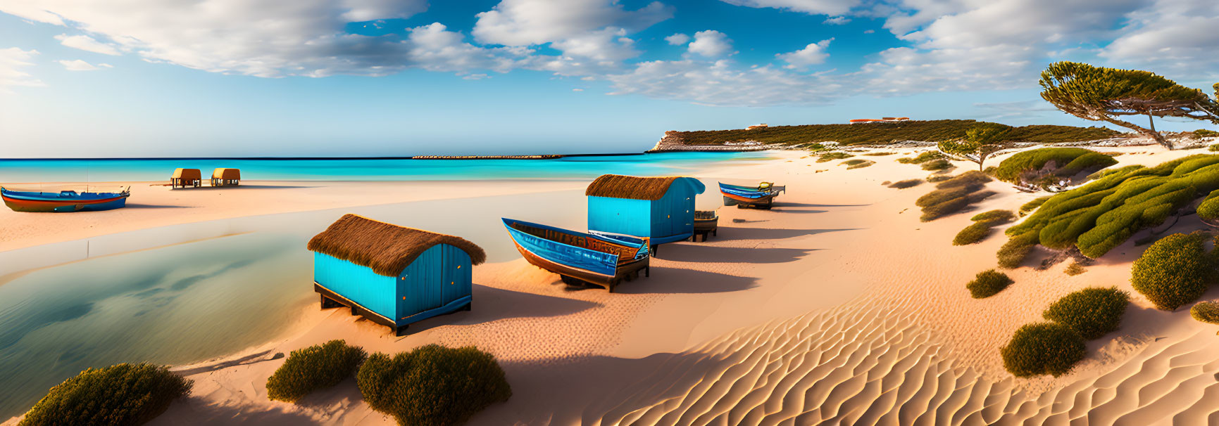 Serene beach scene with blue skies, white sands, green shrubs, boats, and beach h