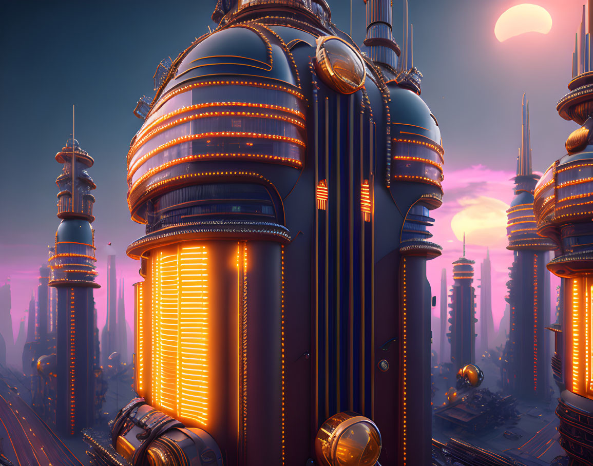 Futuristic cityscape with illuminated buildings and two moons.