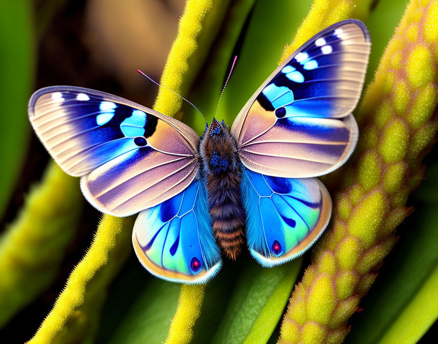 Colorful Butterfly with Blue and Black Wings on Green Plant with Yellow Buds