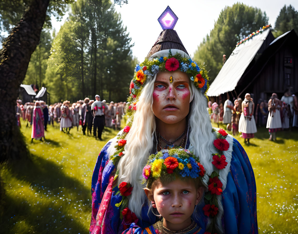 Woman and Child in Traditional Dress with Flower Crowns at Cultural Gathering