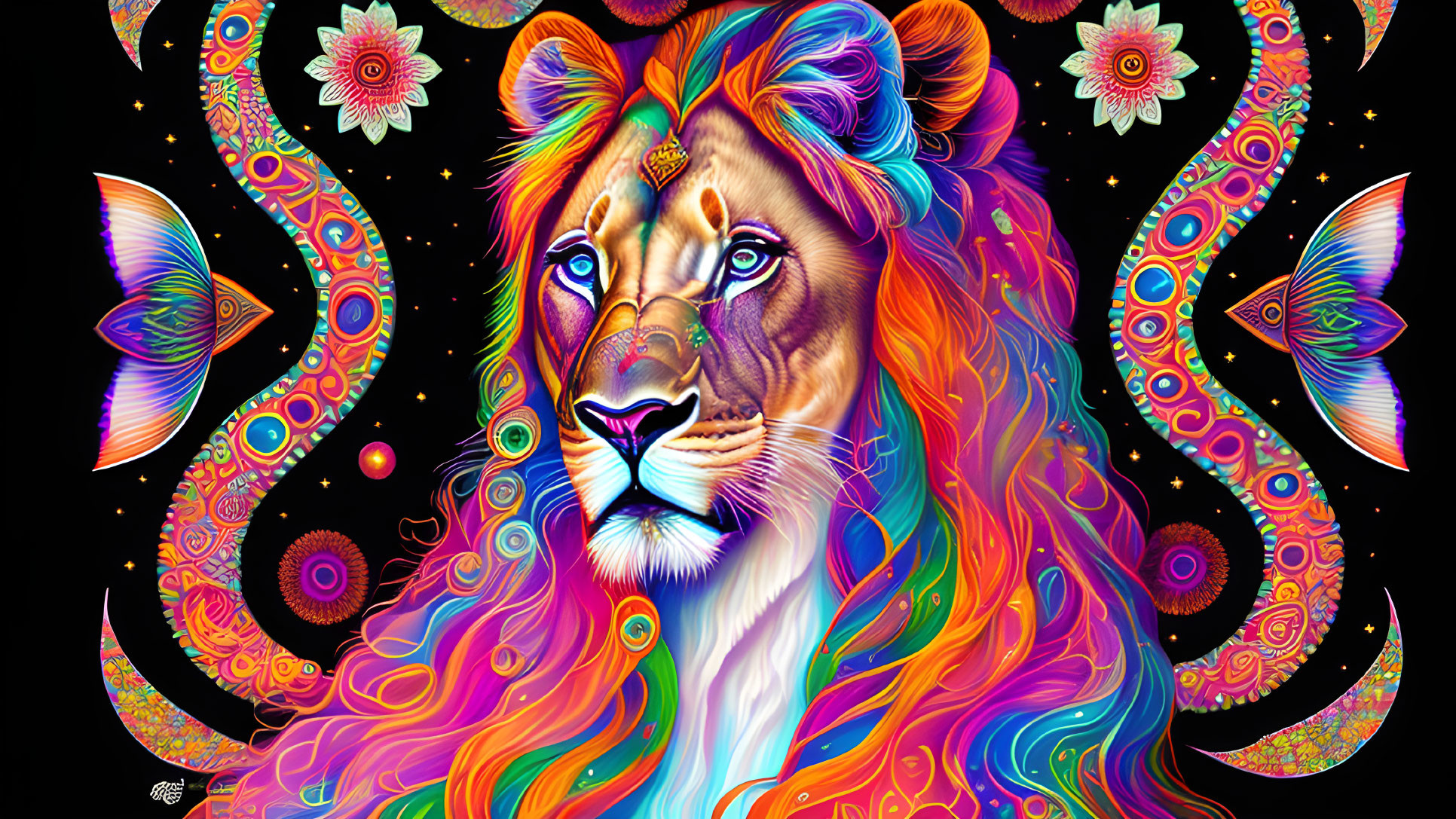 Colorful Lion Illustration with Cosmic Patterns and Celestial Motifs