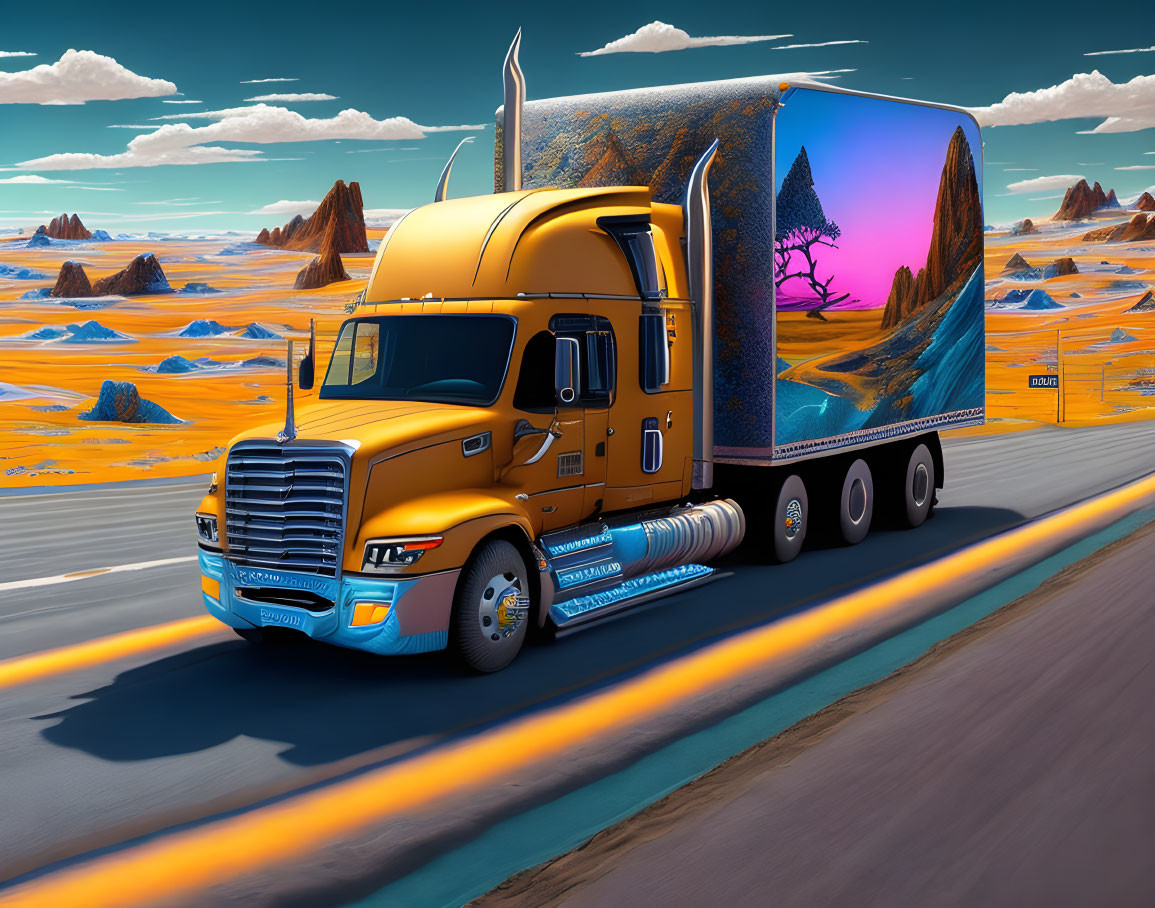 Colorful 3D illustration of yellow and blue semi-truck with tree painting, driving in surreal