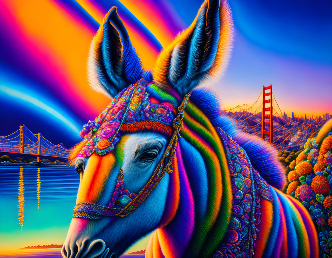 Colorful zebra art with ornate headgear against Golden Gate Bridge backdrop.