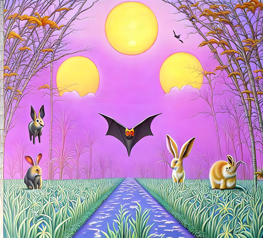 Surreal landscape with purple sky, triple suns, bat, floating rabbit, cornstalks