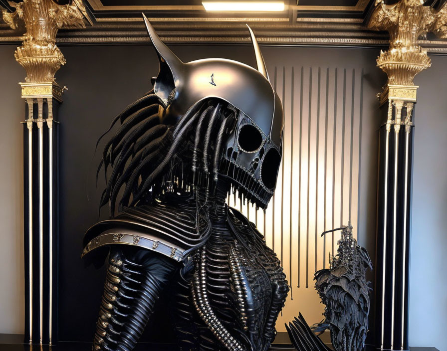 Metallic Skeletal Figure Sculpture with Horned Helmet and Rib-like Structures in Classical Architectural Setting