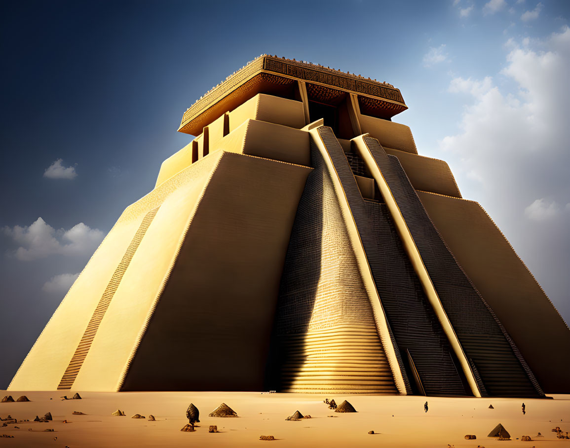 Stepped ziggurat in desert landscape with ramps and cloudy sky