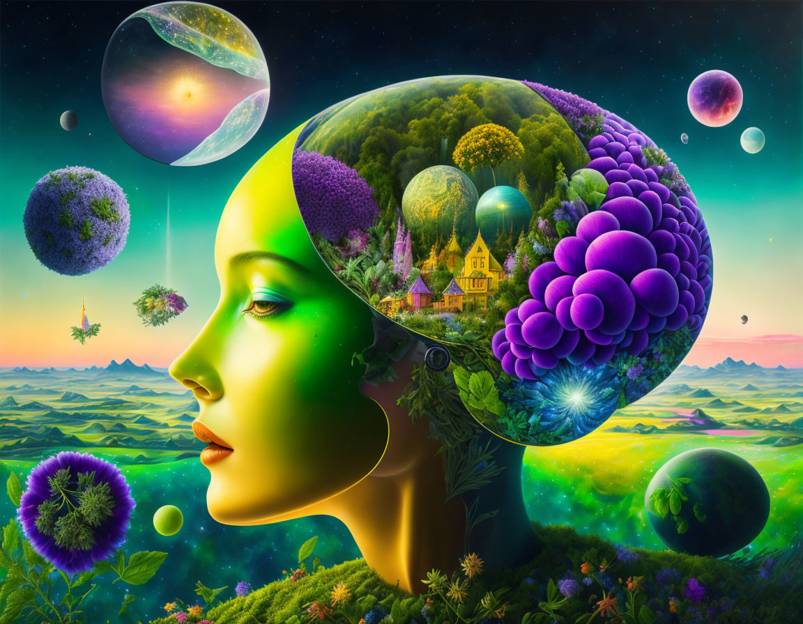 Colorful profile portrait with transparent head showing vibrant landscape and planets.