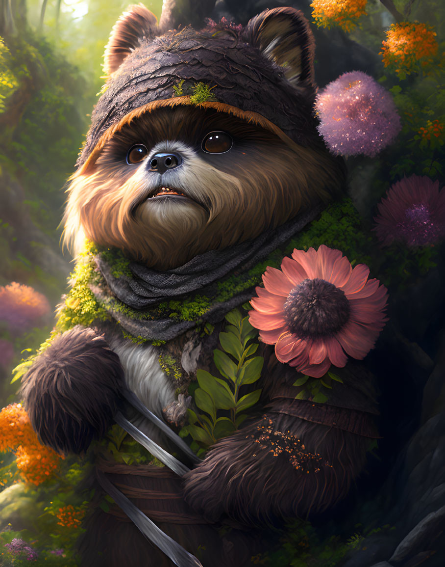 Brown furry bipedal raccoon in hood and scarf surrounded by lush forest flora