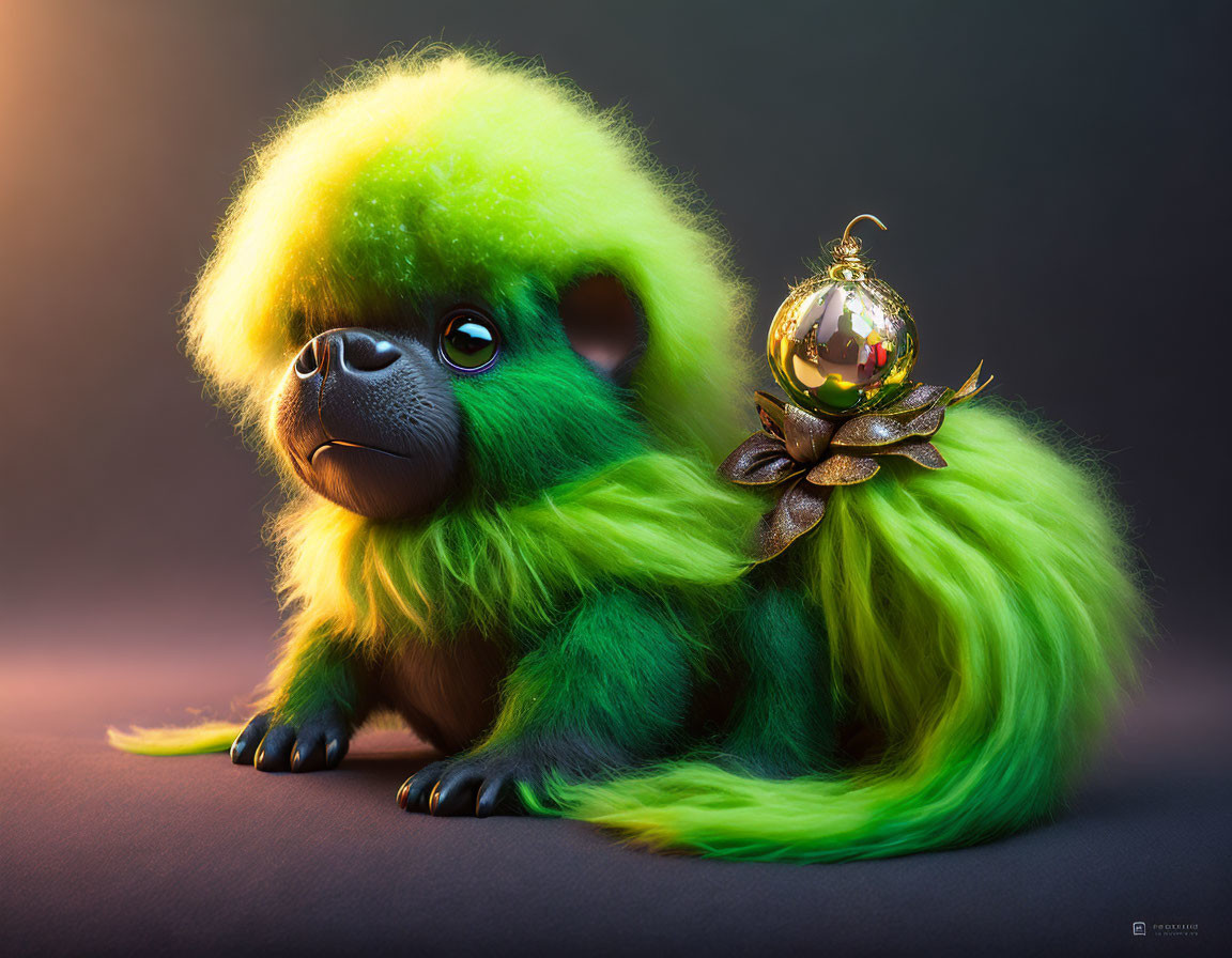 Colorful Green and Black Fantasy Creature with Large Eyes Next to Christmas Bauble