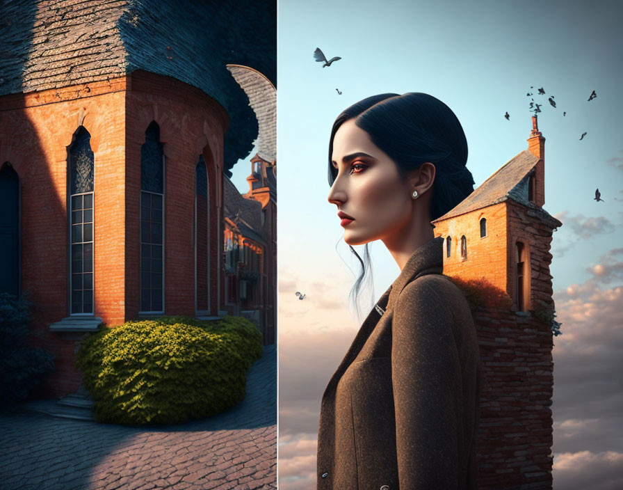 Surreal composite image of woman, tower, birds, and floating books