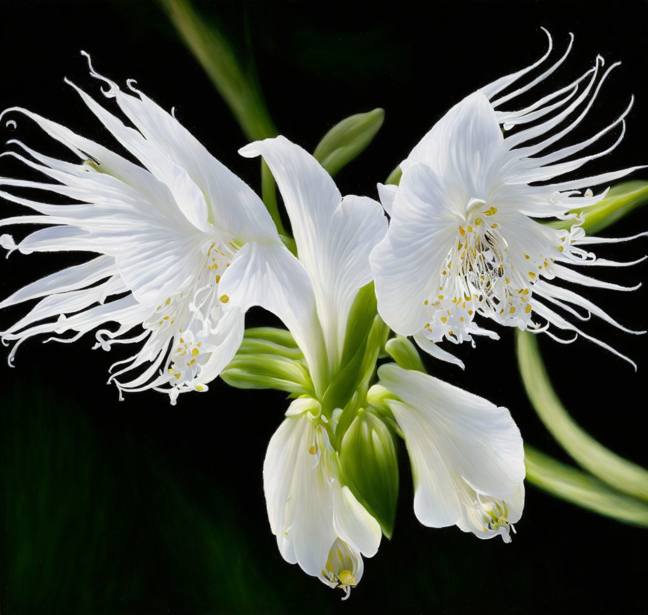 White Lilies with Prominent Stamens on Dark Background