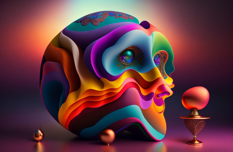 Vibrant 3D artwork: Human head with intricate patterns beside sphere on cone