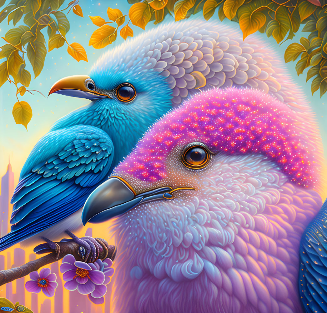 Vibrantly colored fantasy birds on starry night background with sunset and buildings.