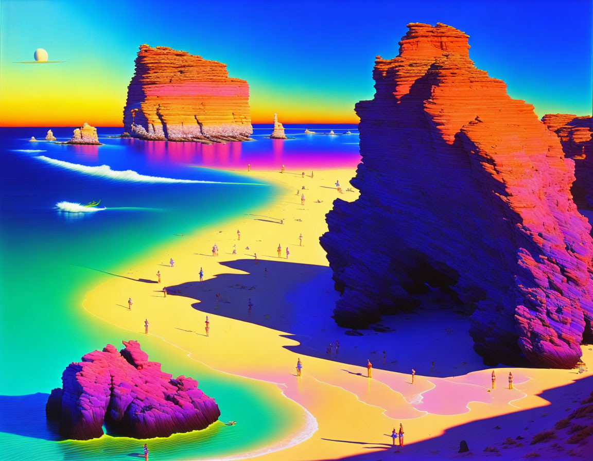 Vividly Colored Beach Scene with Rock Formations, People, Boats, and Crescent Moon